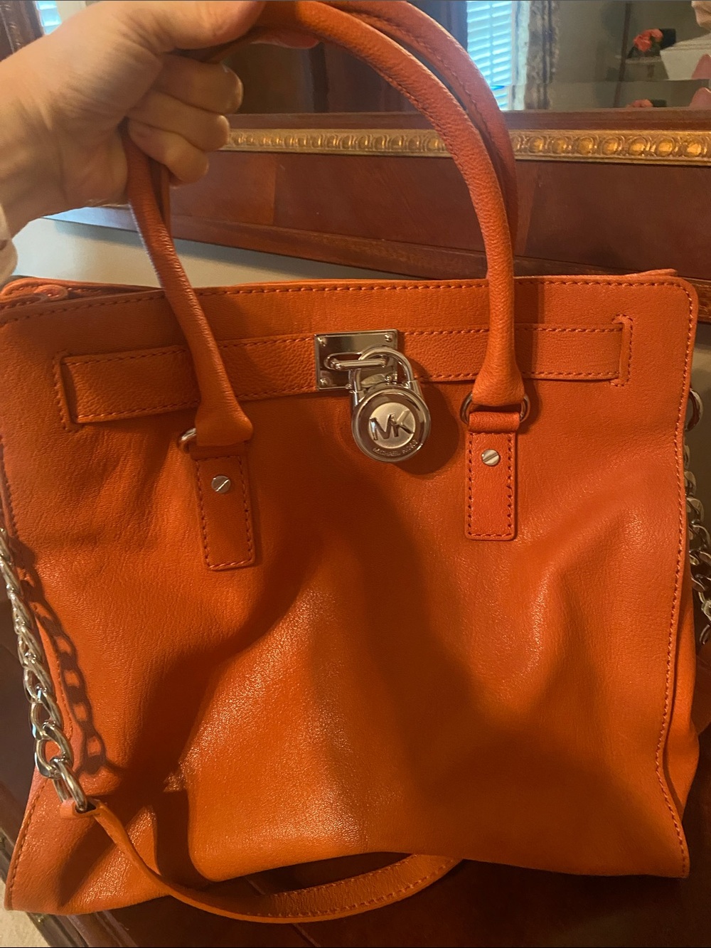 Michael Kors Orange Leather Tote with Silver Logo Charm and Chain Strap